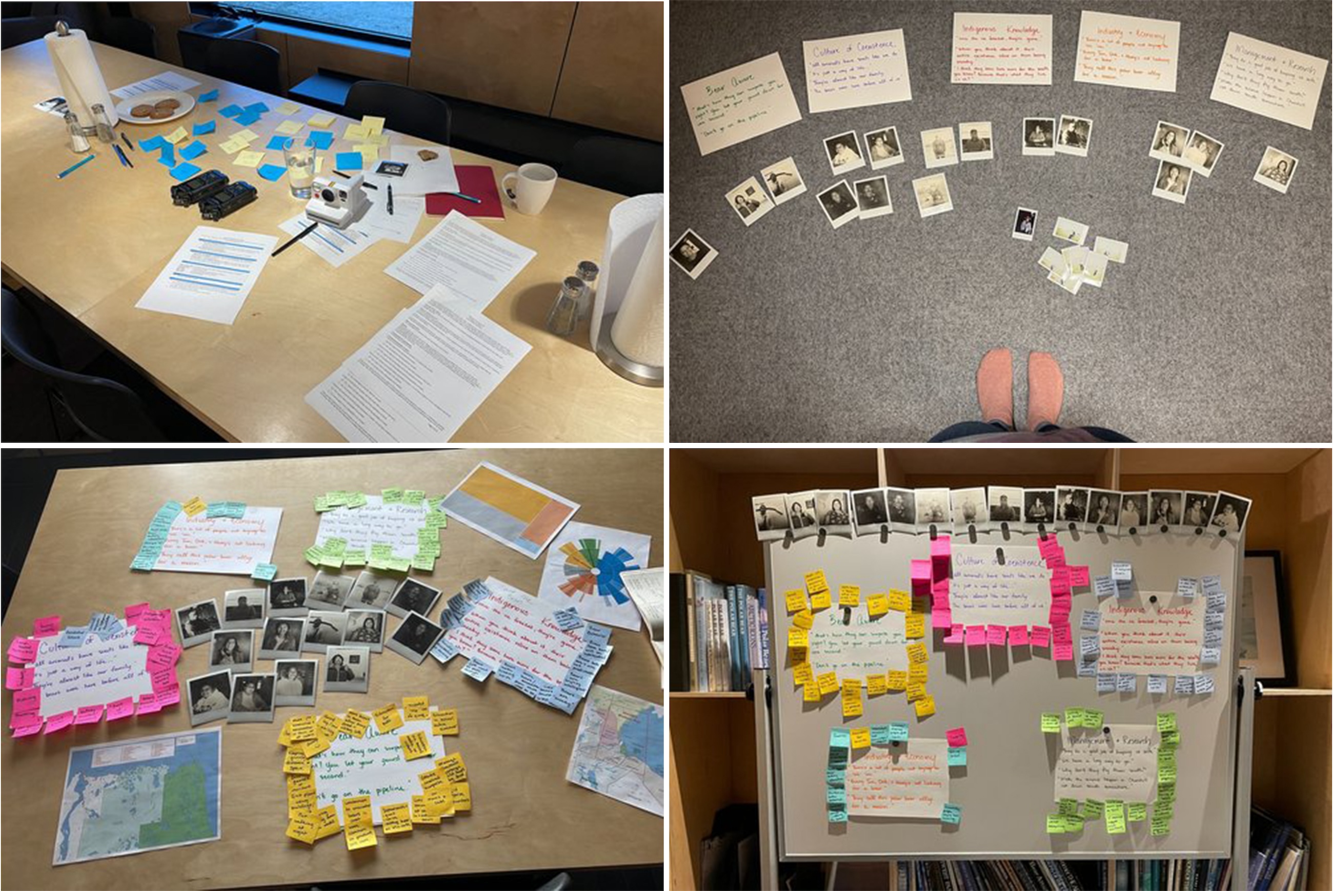 Tables and whiteboards covered in sticky notes and papers.