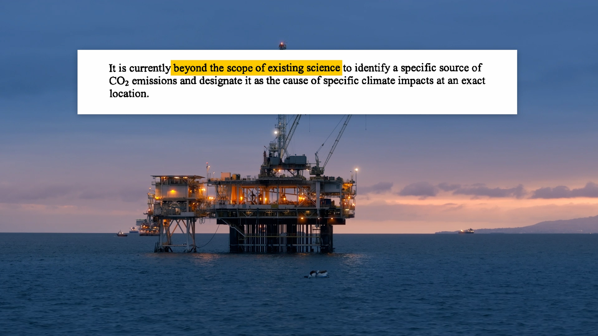 Image of offshore oil rig in the ocean at sunset. Contains the text: