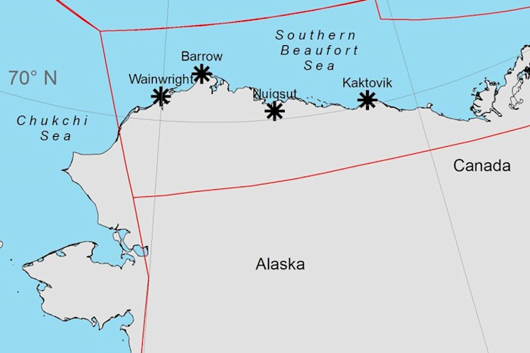 A map showing Alaskan villages and polar bear populations