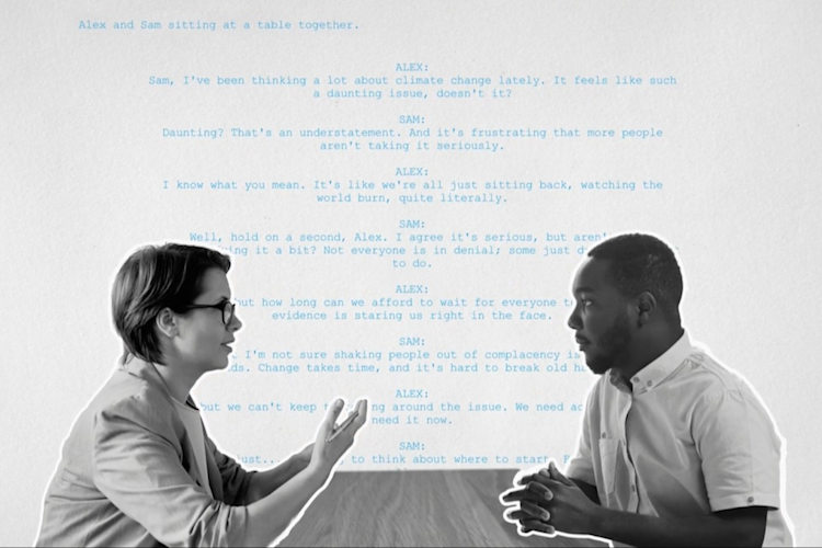 Two People Having a Conversation About Climate Change with a script in the background