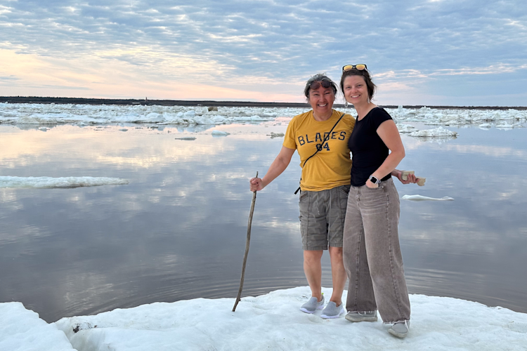 Georgina Berg and Kt Miller on the sea ice of Hudson Bay.